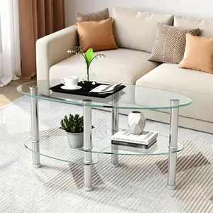 2-Tier Oval Tempered Glass Coffee Table with Chrome Legs, Modern Clear Side Table with Storage Shelf for Living Room