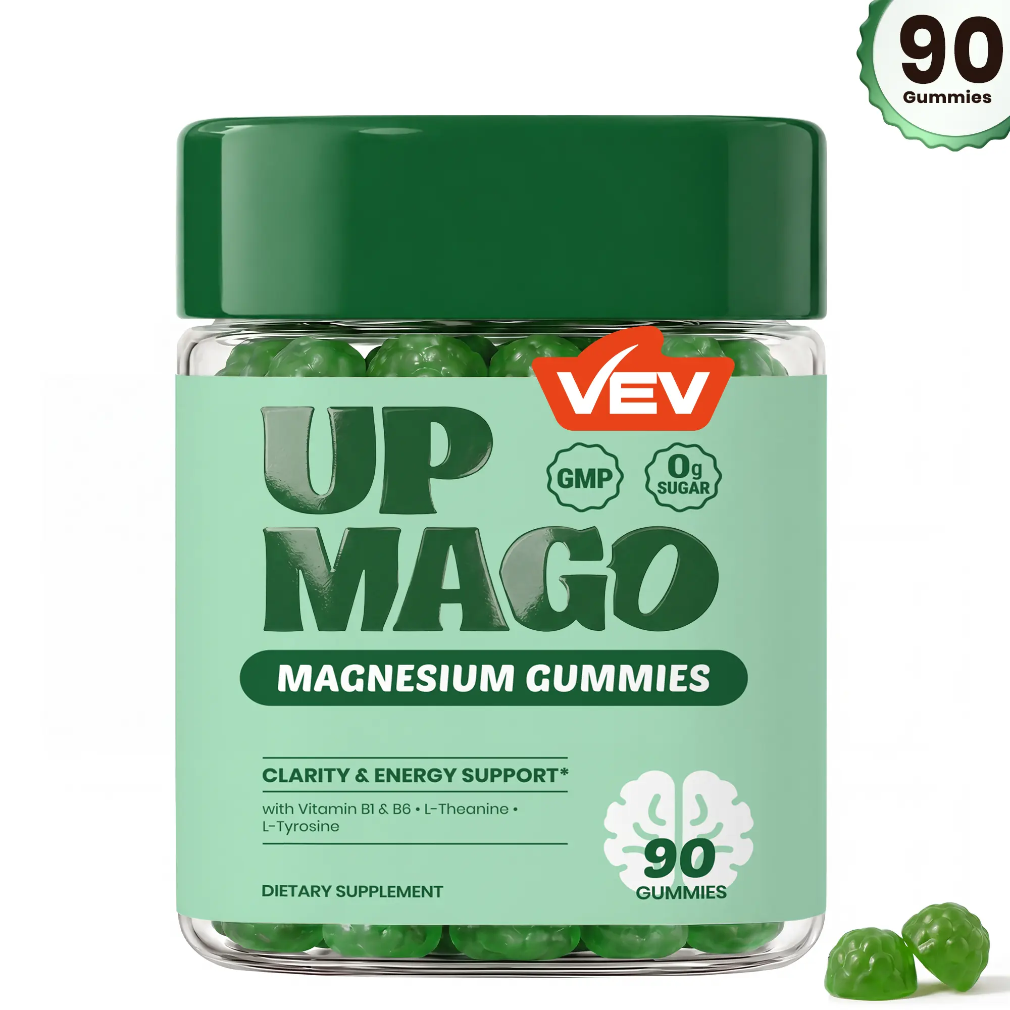 VEV UPMAGO Sugar Free Magnesium Malate Gummy Supplements with L-Theanine, L-Tyrosine, Vitamin B1, B6 - 90ct, 0g Sugar, Vegan  Dietary Chewable Supplements