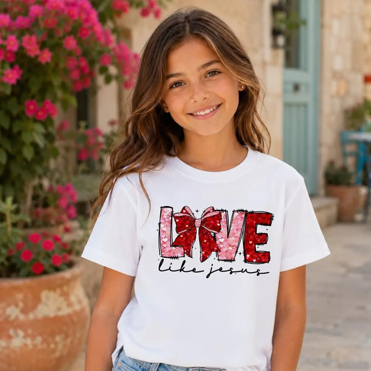 Love Like Jesus Kids Valentine T-Shirt, Coquette Bow Christian Hearts Tee for Youth, Kids Tee, Toddler Tee