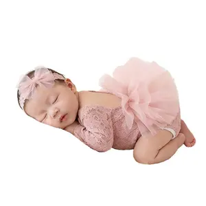 Newborn Photography Lace Puff Dress Baby Girl Photo Prop Onesie with Headband Cute Infant Photography Set Newborn Outfits Set