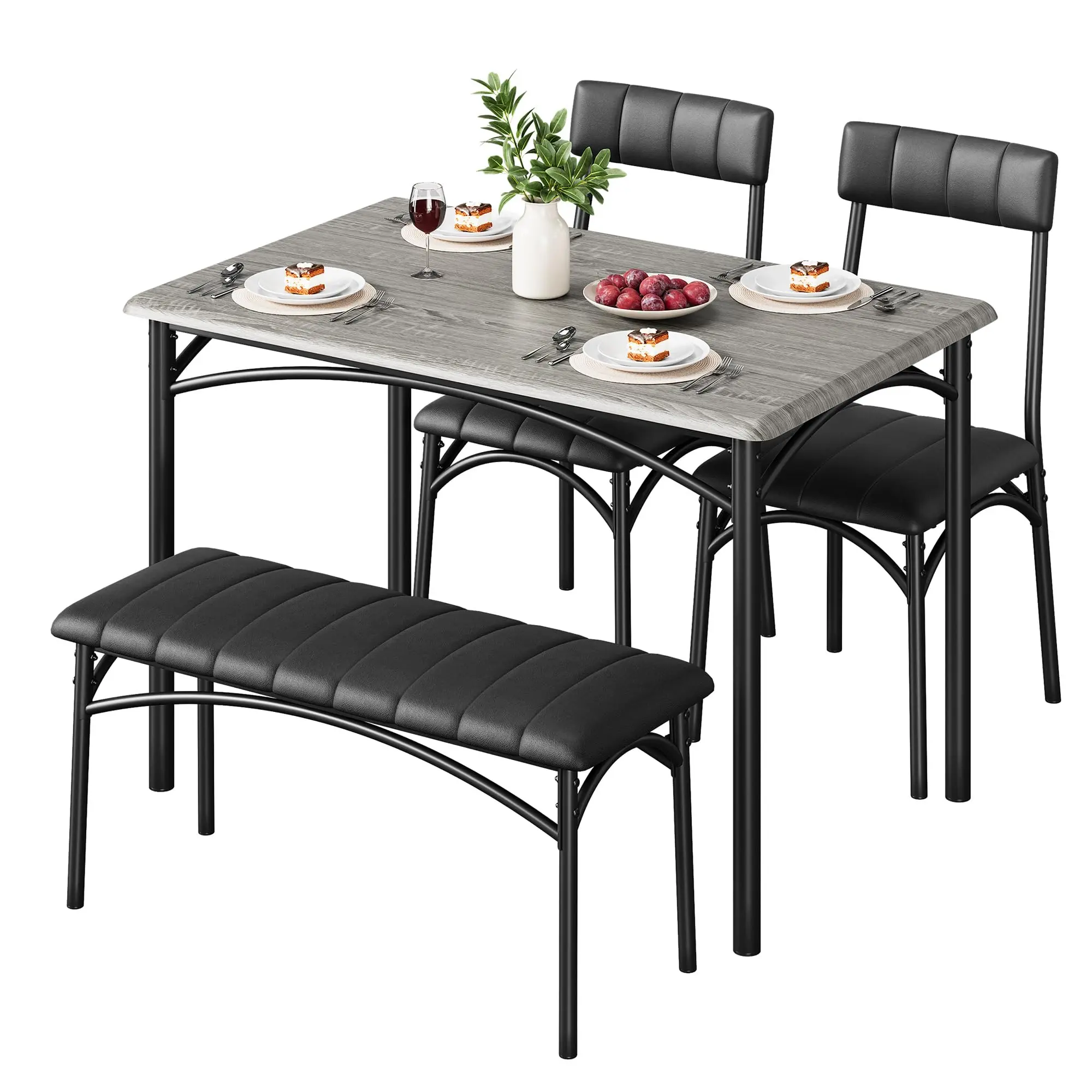 Garvee 4-Person Dining Room Set - Rectangular Rustic Grey Kitchen Table with Upholstered Chairs and Bench, Space-Saving Furniture Set for Small Apartments, Studios, Dining Room Sets, Furniture Sets