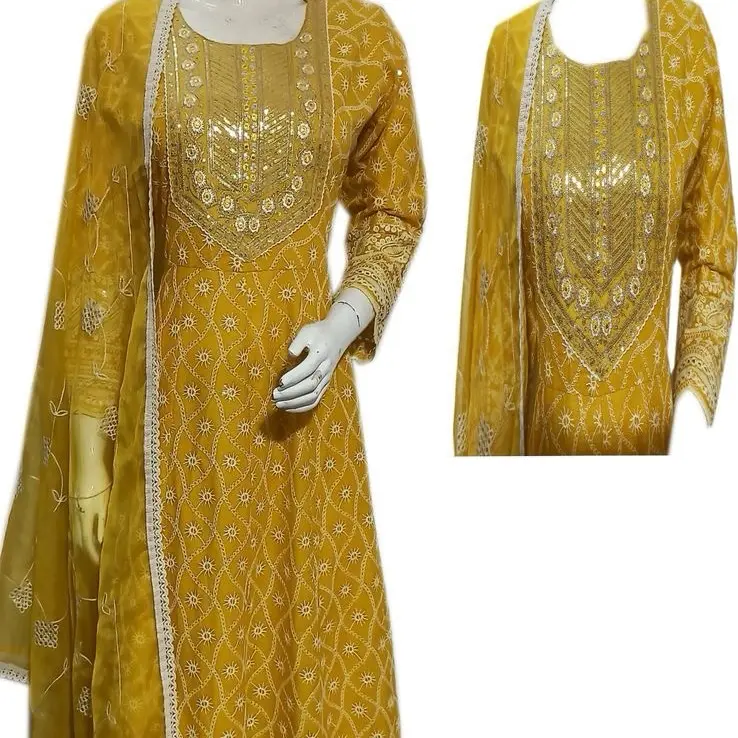 Anarkali Style Chikankari work. Women's Elegant Yellow Top with Trouser & Dupatta, Embroidered Rayon Work, Womenswear for Special Occasions - Pants, Clothes, Comfort, Suits