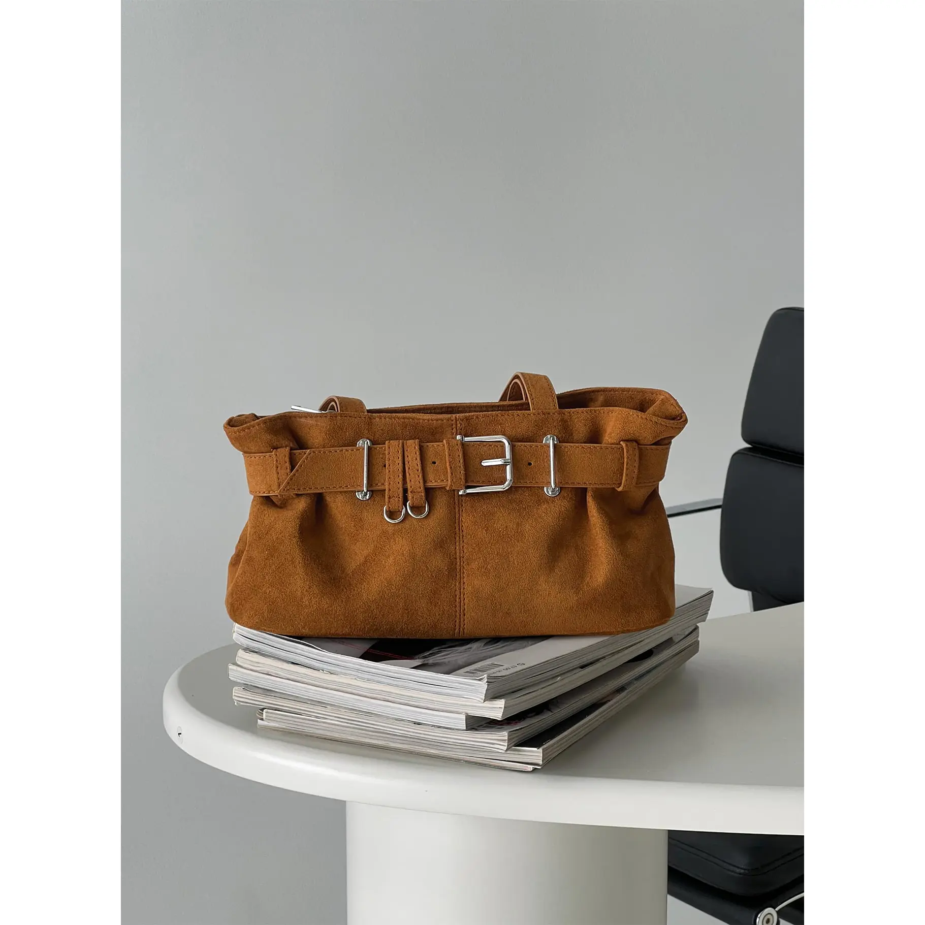 Views Of Capri Faux Suede Buckle Shoulder Bag Brown Views Of Capri Faux Suede Buckle Shoulder Bag Brown