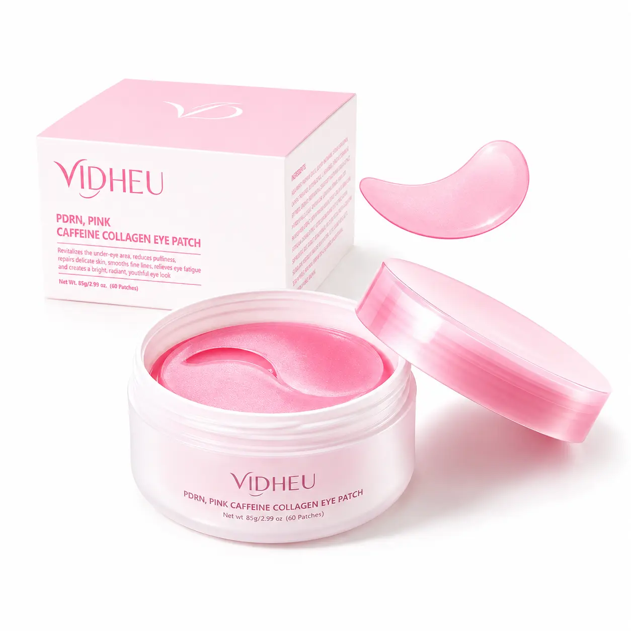 VIDHEU PDRN Pink Caffeine Collagen Hydrogel Eye Patches, 60 Count Under Eye Masks for Tired-Looking Eyes, Puffiness & Fine Lines | Korean Skincare