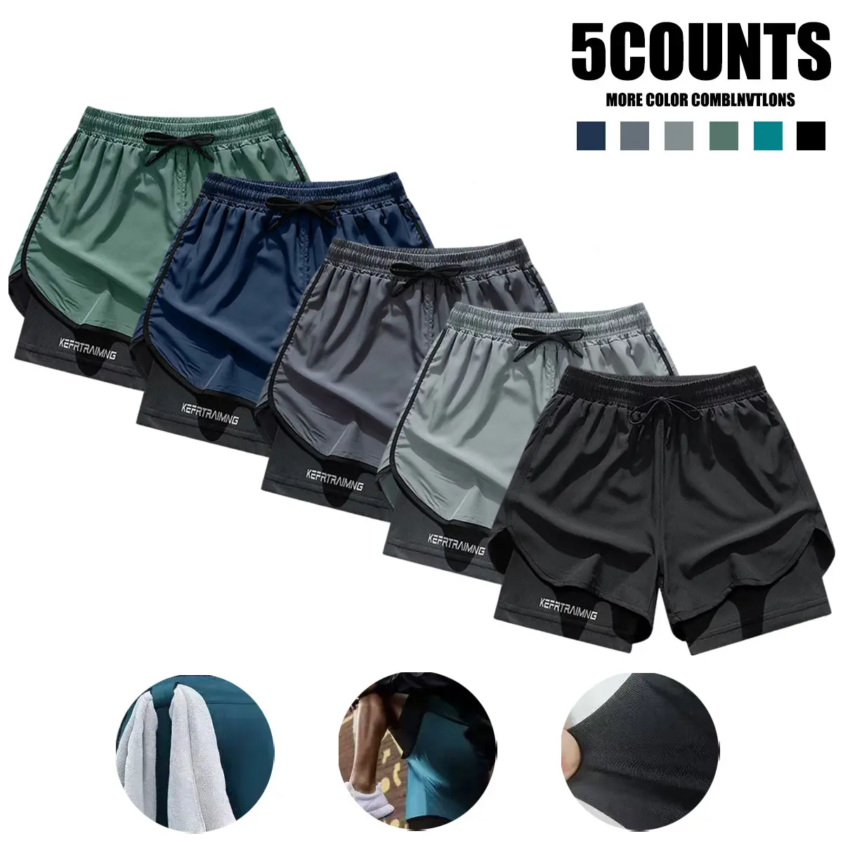 Pack of 5 men’s quick-dry, breathable running shorts; 2-in-1 lightweight, moisture-wicking, loose sports cycling shorts suitable for training and casual wear | Multiple combinations available; essential for basketball, fitness, hiking, rock climbing, badm