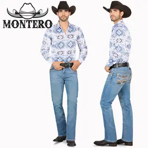 MONTERO MT4599 lt BLUE PREMIUM DENIM EMBROIDERY JEANS BEIGE BROWN STITCHING WITH FEUX LEATHER