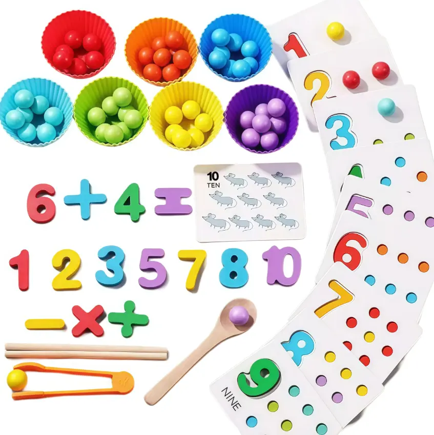 Wooden Montessori STEM Learning Set - Montessori Teaching Math Aid with Beads, Sorting Cups, Number Counting Blocks for Child, Encourages Logical Thinking, Enhances Early Math Skills, Interactive Design Toddler Fine Motor Skill Party Gift