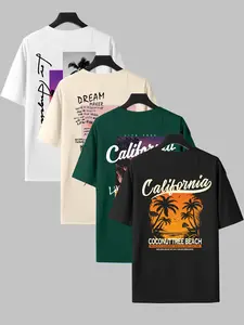 Men's Letter Coconut Tree Print Round Neck Short Sleeve T-Shirt Set, Fitted Casual Comfortable Summer Outdoor Wear, 4 Piece Pack