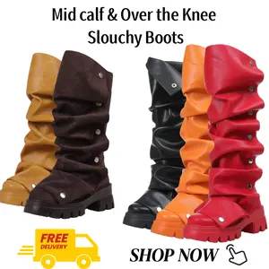 Women's Platform Slouchy Fold-Over Mid-Calf Boots, Round Toe Block Heel Western Pull-On Fashion Shoe, Stylish Women's Footwear