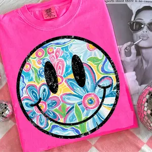 Comfort Colors Retro Smiley Floral Summer Vibes Shirt, Playful Happy Floral Watercolor Daisy Graphic Tee, Aesthetic Bright Summer Sublimation Top, Trendy Retro Smiley Summer Design Shirt