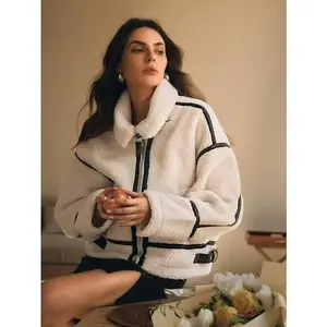 Womens Winter Faux Fur Coats Fleece Zip up Sherpa Moto Jackets Trendy Warm Leather Patchwork Outerwear