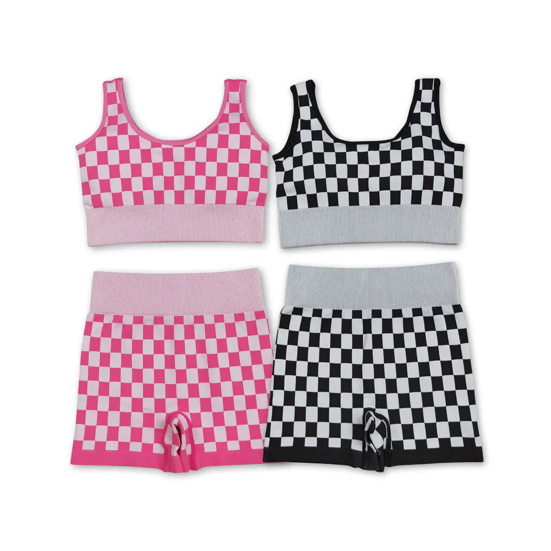 Women's 2-Piece Checker Print Athletic Set, Stretch Fit Sports Bra and Biker Shorts, Nylon Spandex Sportswear for Casual Workouts, Casual Sportswear Set, Athletic Sportswear