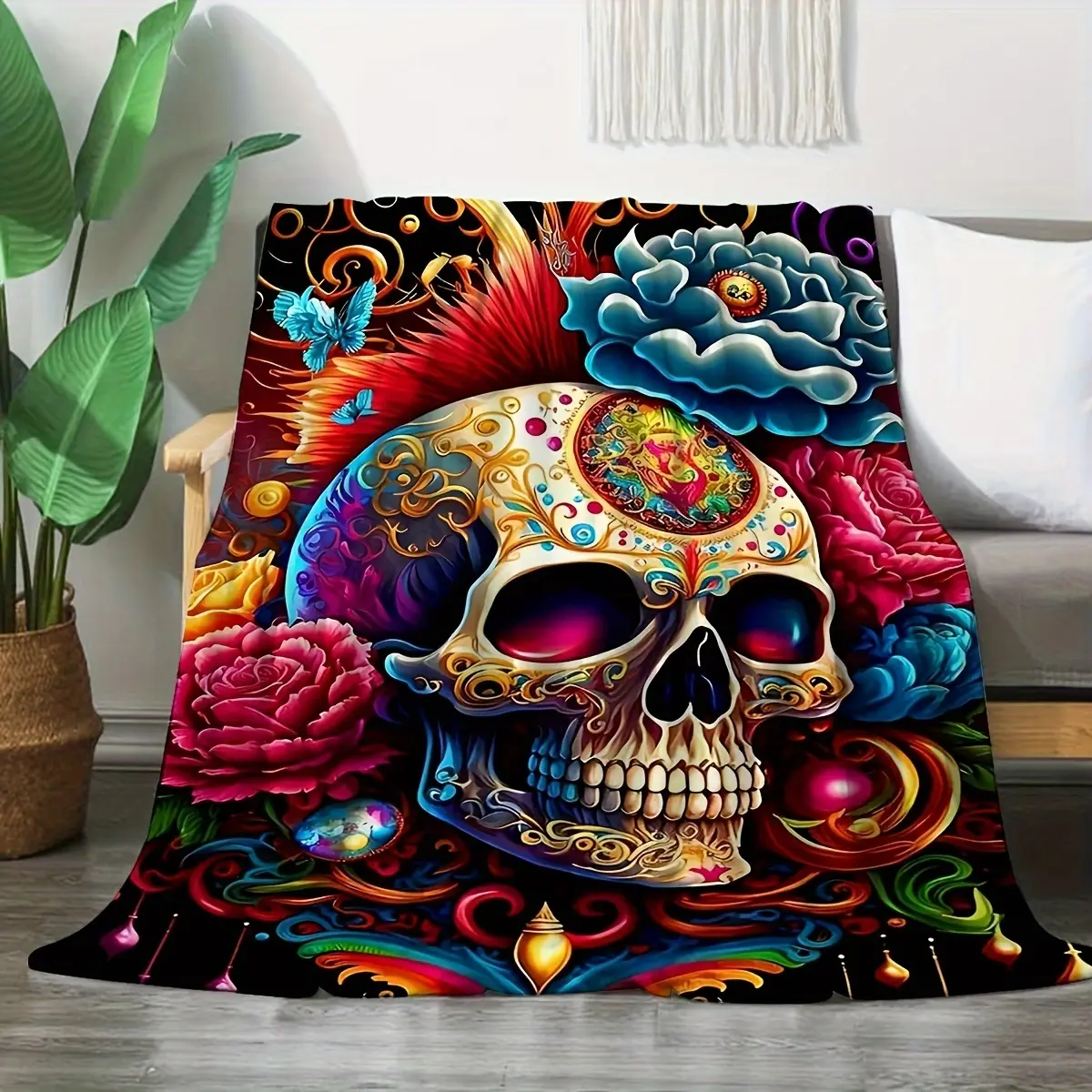 Colorful Sugar Skull Rose Butterfly Day Of The Dead Art Print Soft Comfortable  Throw Blanket Warm Cozy Couch Bedroom Nap Home Blanket Gothic Mexican Festival Teen Aesthetic Tattoo Art Lover Birthday Holiday Giftable  Warm Throw Blanket