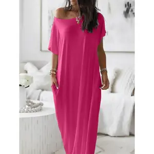 Summer New Women's Casual Oversized Short Sleeve Long Maxi Dress, Plain Knit Loose Fit Shoulder Dress for Relaxed Style