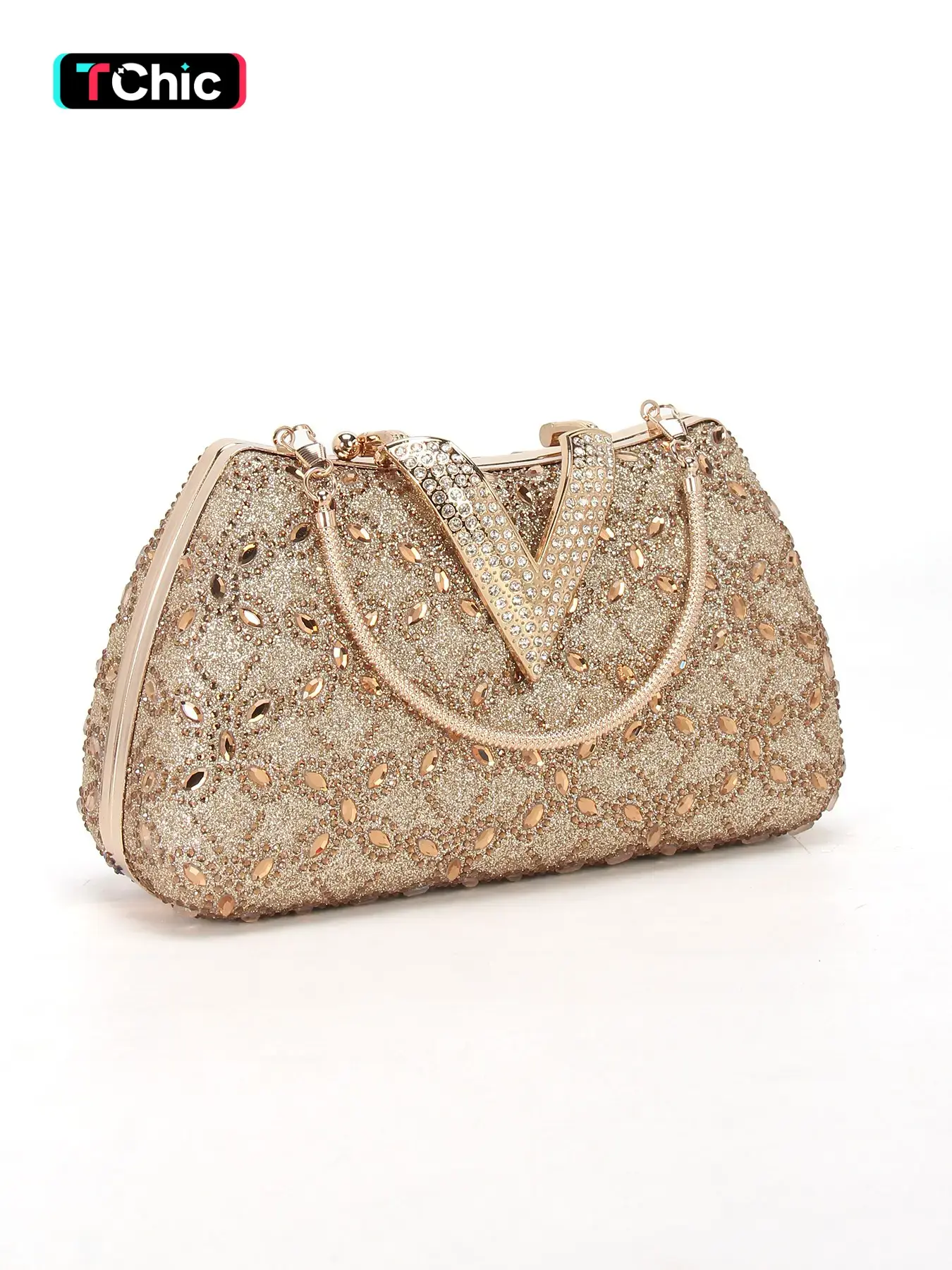 Rhinestone Women's Evening Clutch, Embellished Clutch, V-Shaped Lock Clutch, Metal Handle Tote Bag, Rhinestone Wedding Party Bag, Includes Shoulder Chain for Crossbody Wear, Suitable for Banquets and Holiday Gifts