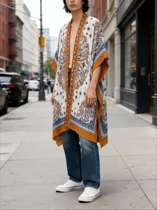 Women's Bohemian Paisley Pattern Loose Open Front Shirt, Long Vacation Beach Sun Protection Top, All over Print Casual Blouse, Womenswear