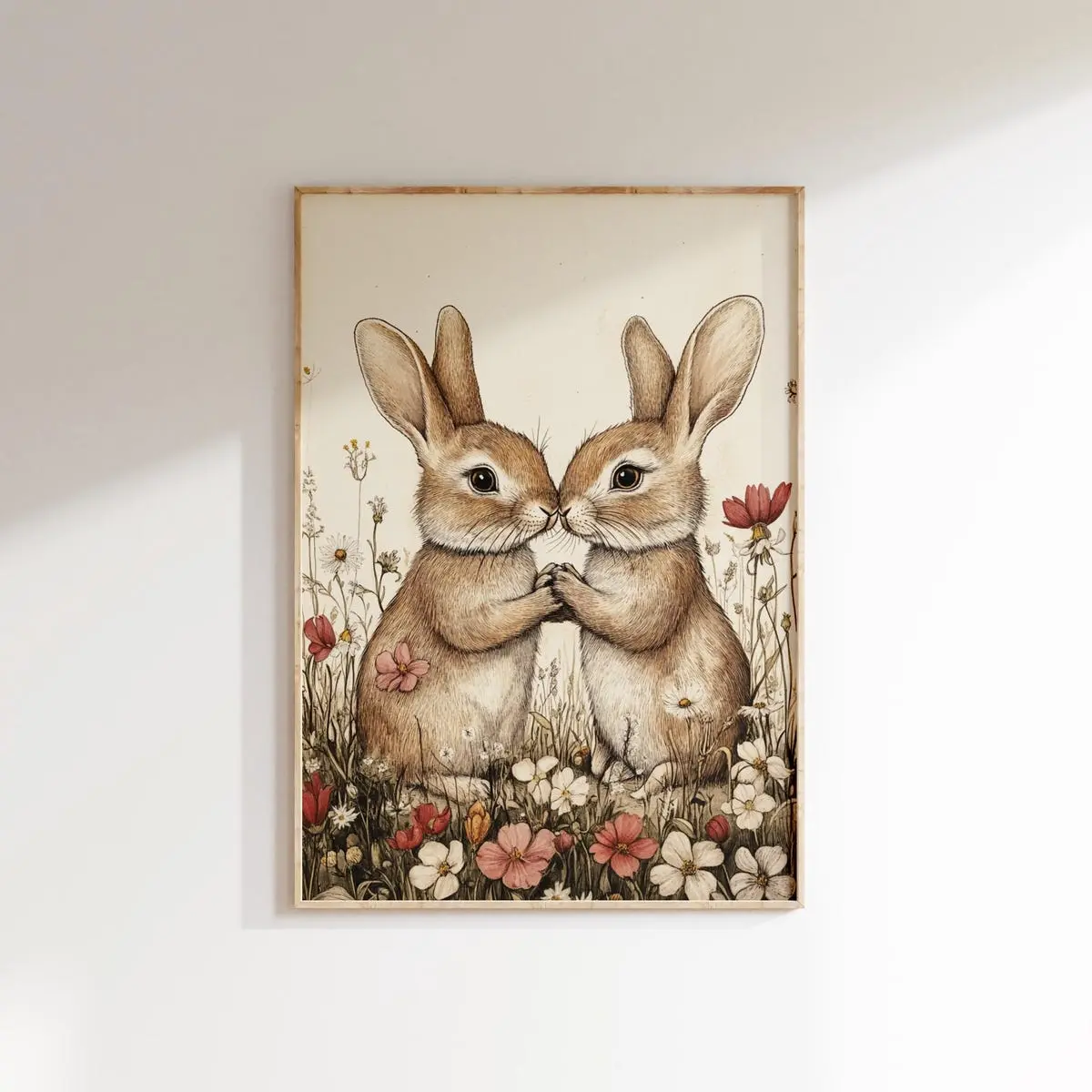 Two Easter Bunnies Print, Vintage Eater Bunny Poster, Effect, Botanical Easter Wall Art, Flower Print Easter Home Decor, Unframed
