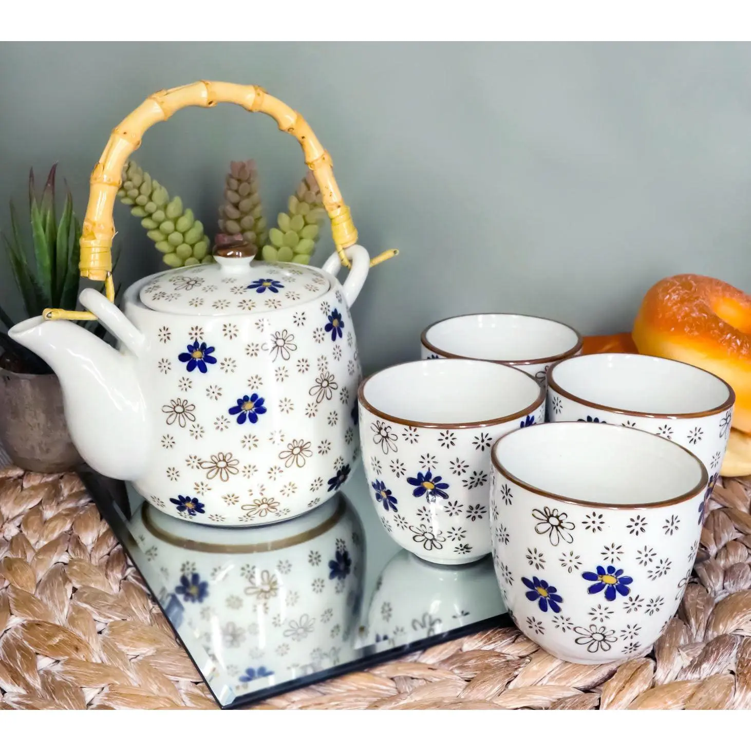 20oz Japanese Cherry Blossom Ceramic Tea Pot Set with Strainer, Wooden Tea Cups - 4-Person Serving, Kitchenware Use