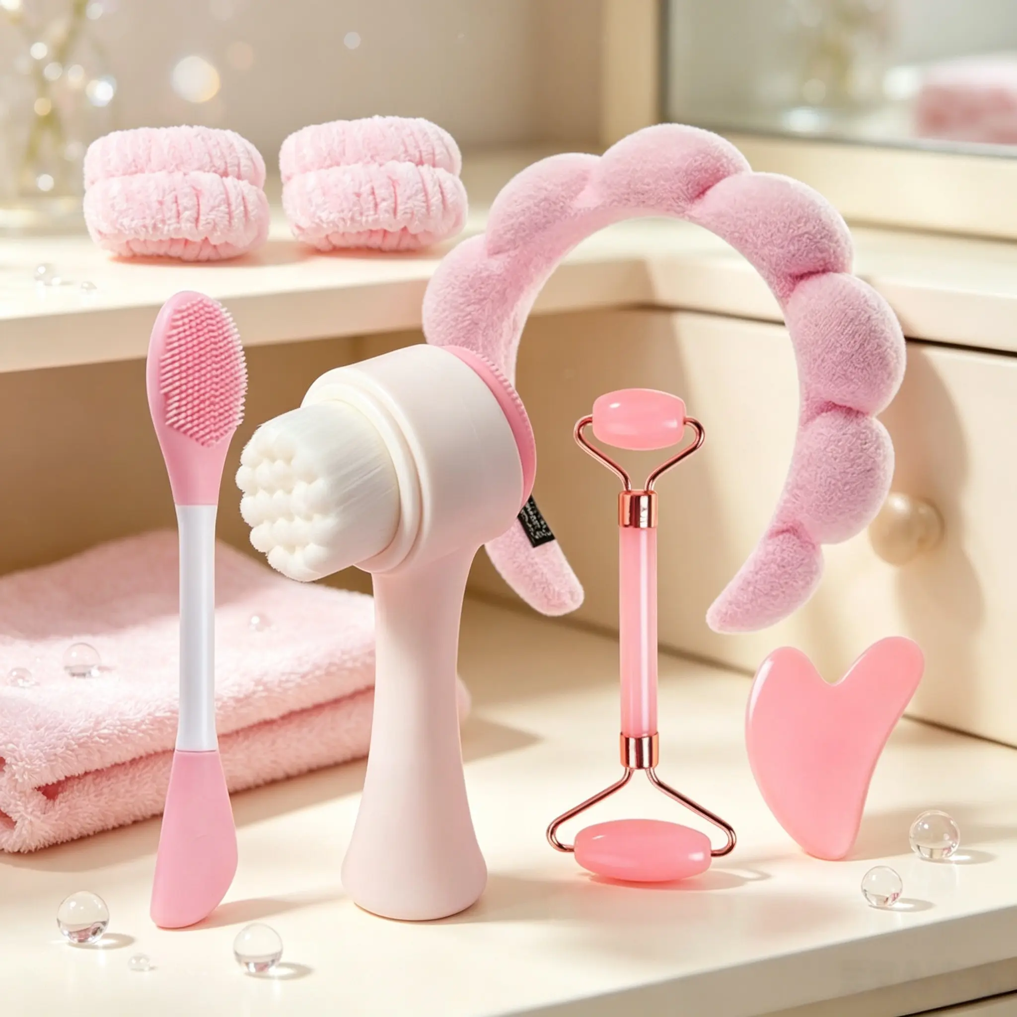 All Inclusive 8pcs Beauty Tool Kit with Gift Packaging Professional Facial Massage Tools for At Home Spa Experience Ideal Birthday Present Relief Roller Ice Roller Face derma stamp Reusable Skin Healthcare Silicone Face Cleansing