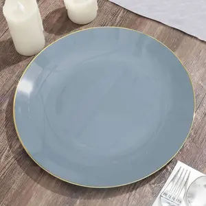 10-Pack Plastic Round Dinner Plates 10" Dusty Blue with Gold Rim - Glossy Disposable Party Plates