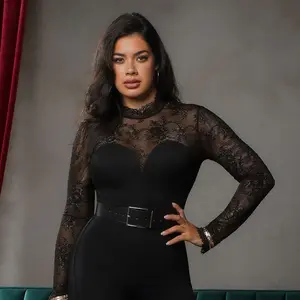 ​​Popilush Deep V-Neck Long Sleeve Bodysuit - Sheer Lace Turtleneck with Built-in Bra & Tummy Control​ Casual Womenswear-LIVE Everyday Breathable