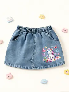 Girls' Denim A-Line Short Skirt, Loose-Fitting Casual Style, Elastic Waist, Random Print, Perfect for Spring & Summer