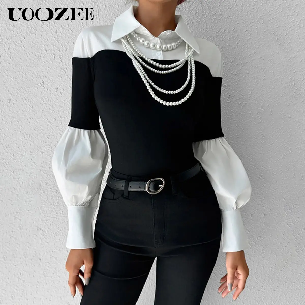 UOOZEE Women's Lady Elegant Fitted Cotton Blouse - 2025 Autumn, Casual Spring Fashion, Comfortable Breathable, Collared, Slim Waist, Pleated, Contrast Color Patchwork Longsleeve Button Shirt, Outfits (Sizing Runs Small - Check Size Guide or Order Larger),