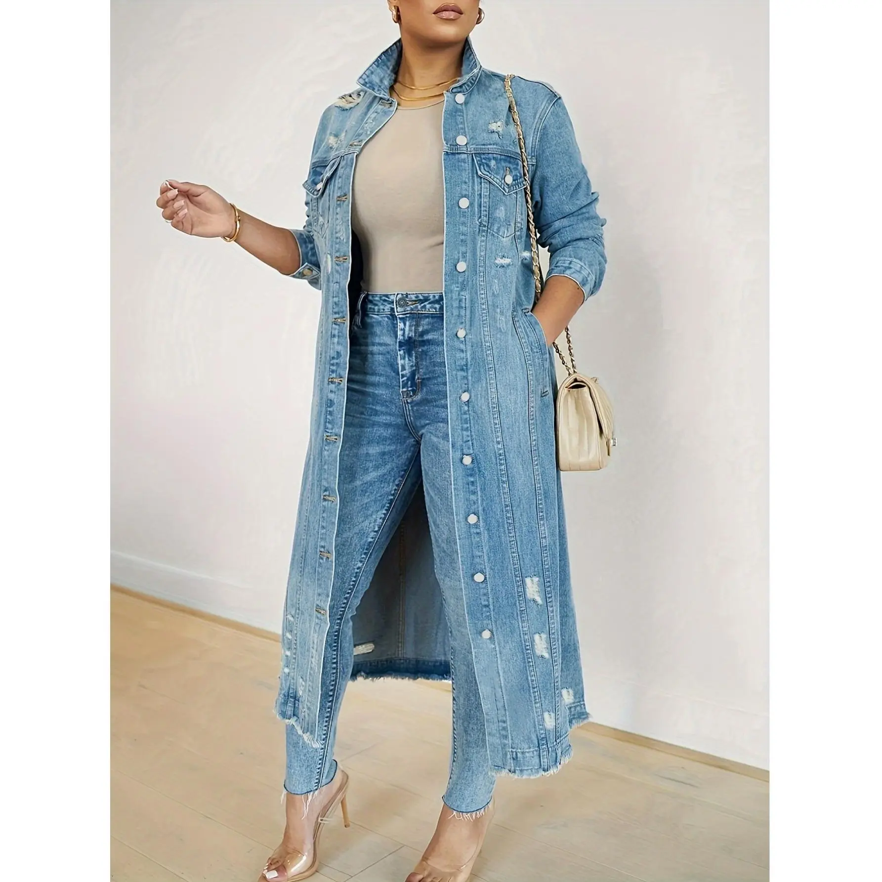 Women's Street Wear Jacket in an Alternative Grunge Style, Acid-Washed Polyester with Button Front, Long Length and Loose Fit for All Season Wear, Alternative Grunge Women's Casual Jackets, Artistic Western Women's Casual Jackets