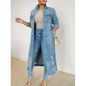 Women's plus size loose long sleeved denim jacket - street style, buttoned front, structured non elastic fabric, suitable for daily and formal clothing, a seasonal layered item - casual jacket