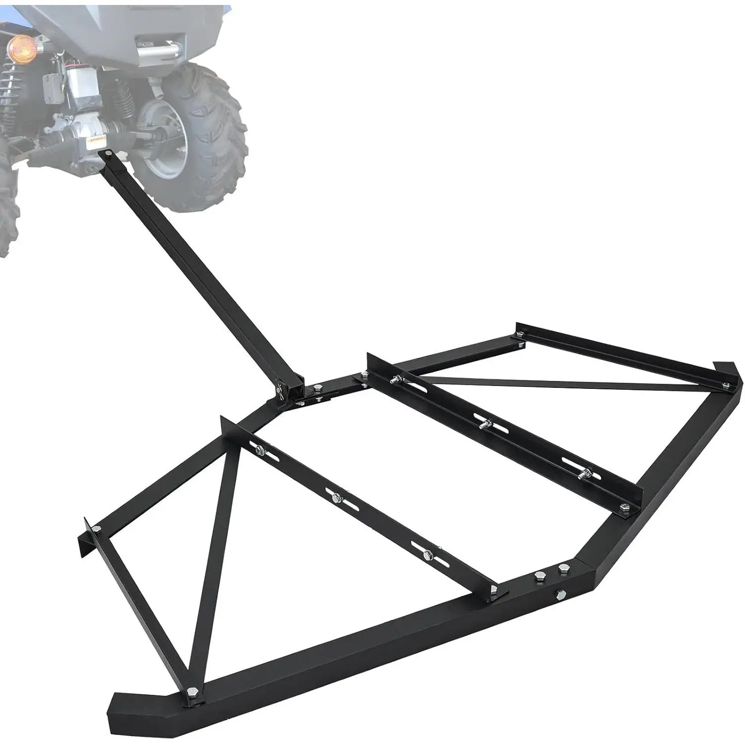 66" Wide Tow-Behind Driveway Drag Grader - ATV-Compatible Harrow with Pin-Style Hitch, 3 Sets of Adjustable Bolts, 2 Reinforcement Bars, 36 lb, 100 lbs for Garden Tractors, UTVs