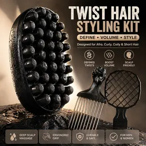 1/3-Piece African Curl Styling Comb Set: Scalp Massage Volume Brush + Metal Hair Pick + Grid Curl Comb — Ideal for Afro Curls, Short Curls, and Voluminous Styling