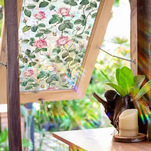 (45*100cm) colorful sunlight electrostatic adsorption rose flower and leaf spring-summer window sticker for window decoration and beautification, Decorative, Window Privacy Film, XC3035
