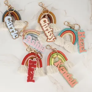 Rainbow Backpack Tag with an Acrylic Name Charm, Macrame Rainbow Keychain with Tag, Back to School Supplies for Kids
