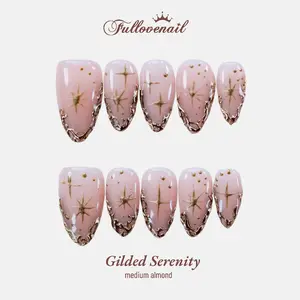 Fullovenail Almond Shape Hand Painting Golden Chrome Six pointed star Handmade Press on Nail Glitter Acrylic Powder Elegant Rhinestone Decorated