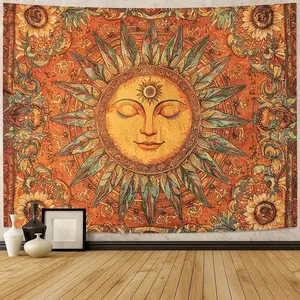 Vintage Bohemian Vibe Sun Motif Synthetic Tapestry, Closed-Eye Smiling Sun Wall Hanging, Trippy Hippie Home Decor for Living Room, Multi-Functional Indoor-Outdoor Art