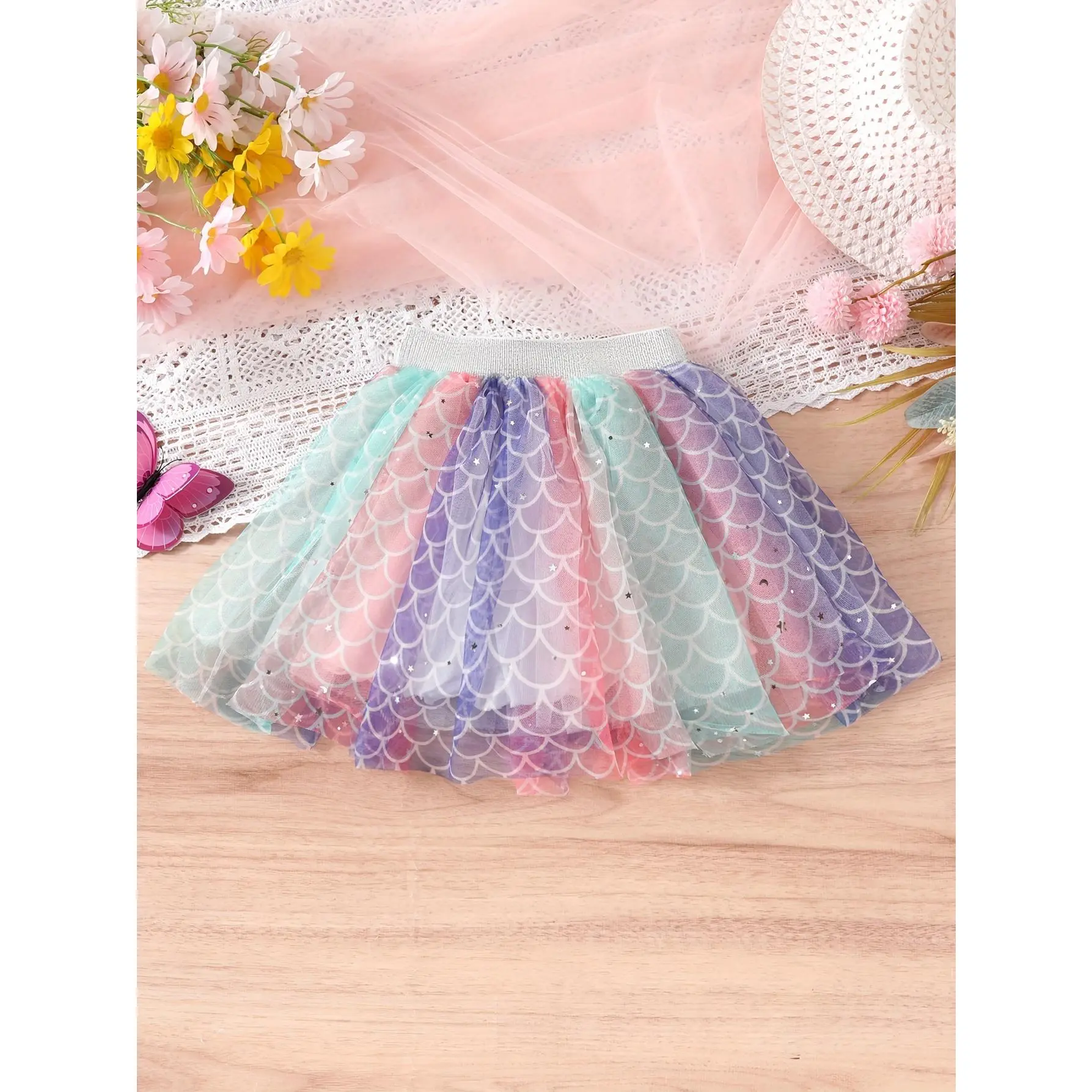 Charming Gradient Fish Scale Tutu Skirt for Girls - Knee-Length, Pleated Mesh Party Dress with Elastic Waistband - Perfect for Birthdays & Festive Occasions