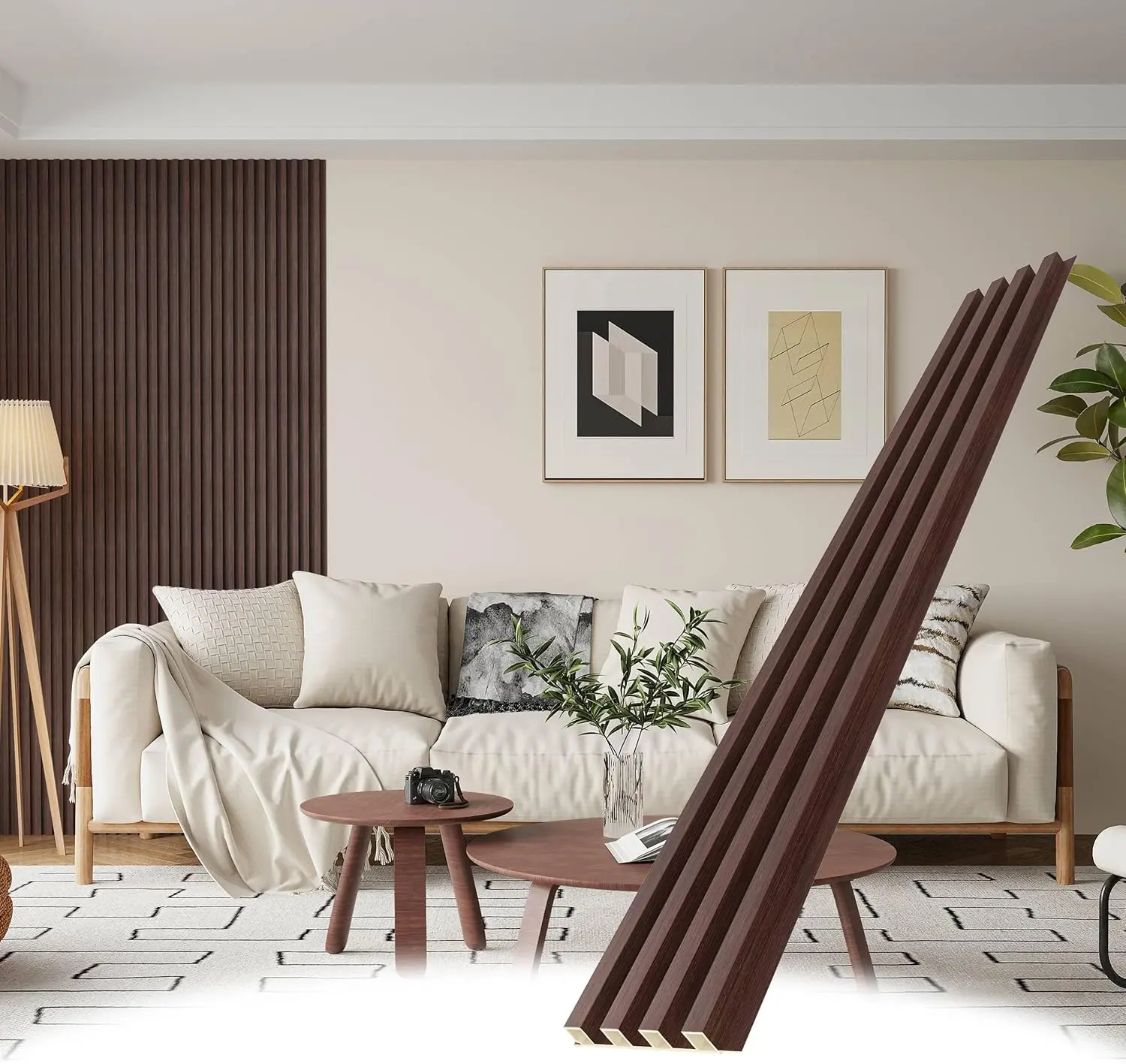 POHARE WPC Slat Wall Panels 8 Pack Walnut 95 x 6 in Acoustic Wood Slats for Wall & Ceilings Eco-Friendly Waterproof Fire-Resistant Modern Décor