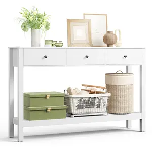 Gizoon Sofa Table with Drawers, Modern Accent Console Table with Open Shelf, Large Storage Space, for Living Room, Front Hall, Entrance Hall, Study Room, White