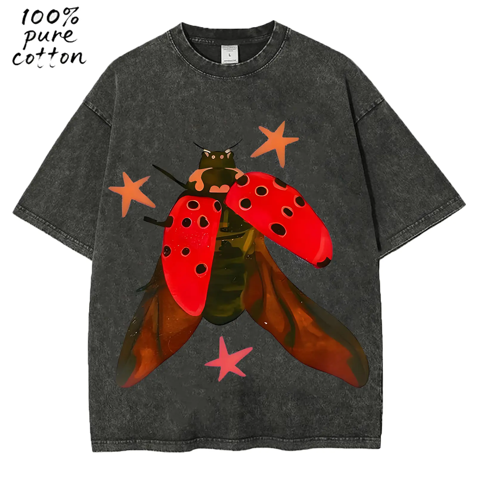 Men's Oversized Distressed Washed Crew Neck Short-Sleeve Top, Unisex Ladybug Print Stretch Sport Fabric Layer Top, Casual Stylish S-3XL Fit for Jeans Matching