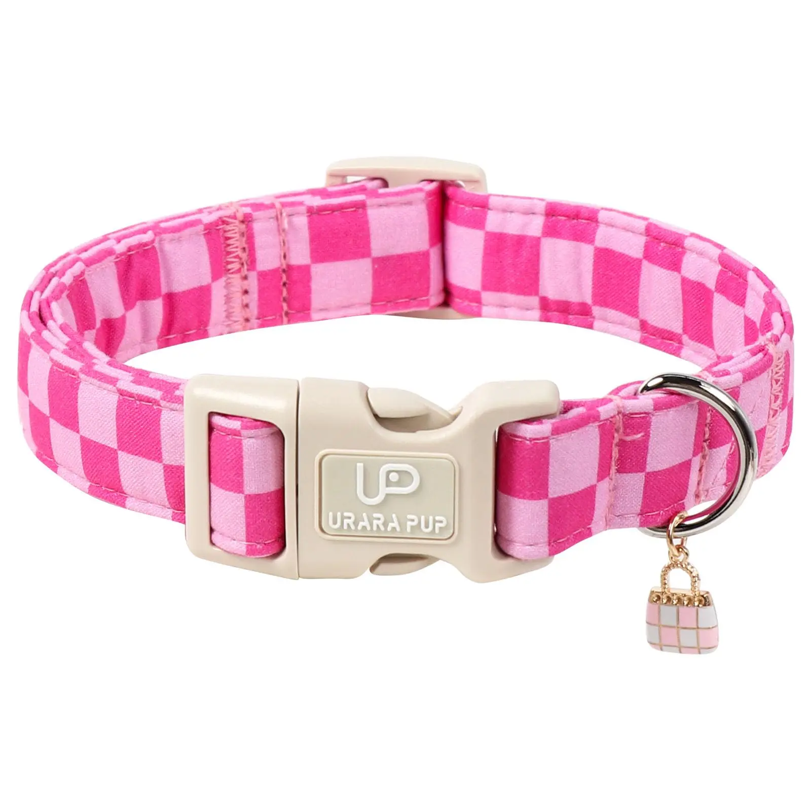 Pink Checkered Cotton Dog Collar - Quick-Release, Durable, Comfortable Summer Basic Collar for Small, Medium, Large Dogs - Cute Pet Gift for Girls’ or Boys’ Pets