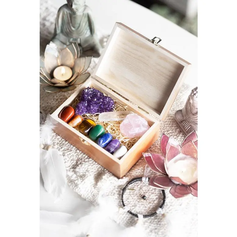 Chakra Balancing Crystal Set | 10 High Frequency Healing Stones + Engraved Wooden Display Box