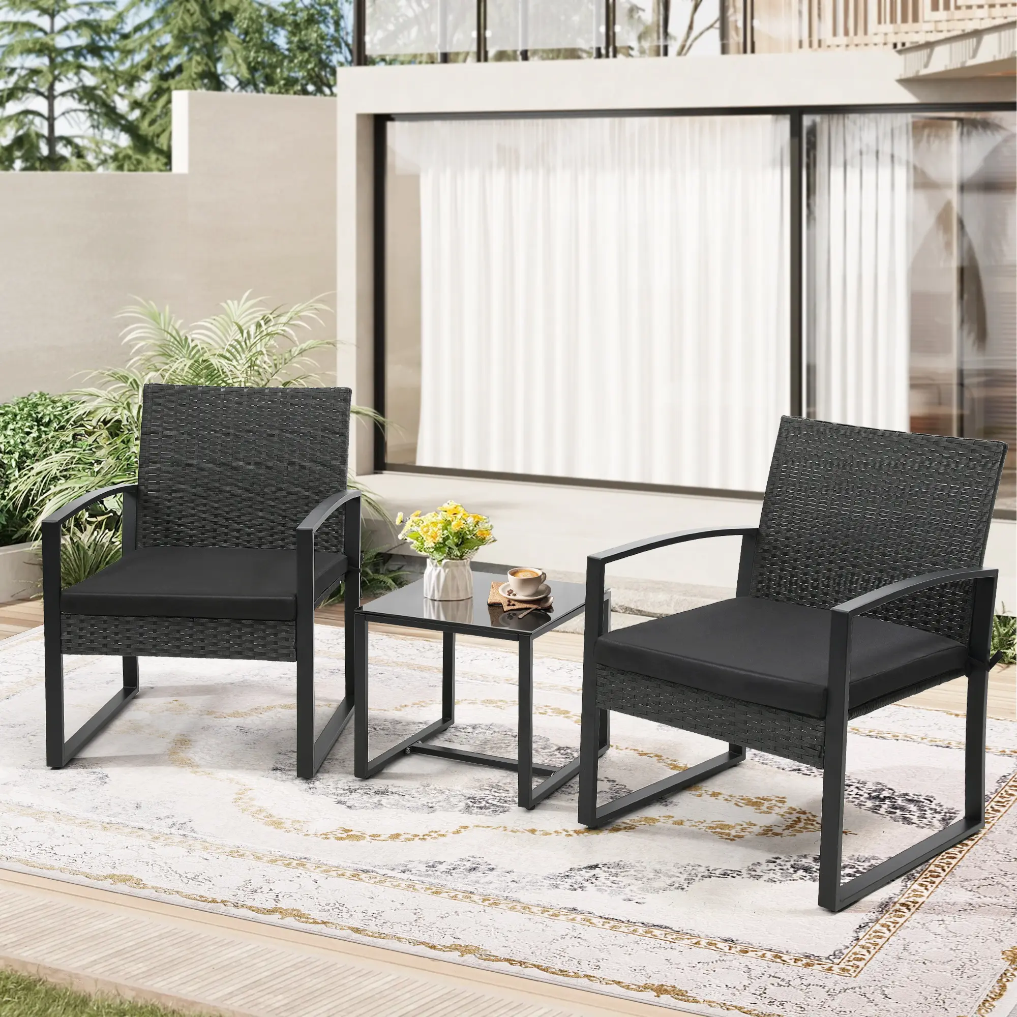 Black 3-Piece Wicker Patio Furniture Set - Porch Furniture, Garden Table, Al Fresco Use, Backyard Space, 2 Arm Chairs, Indoor Outdoor Table, Washable Cushions, Clearance summergarden,home decor,camping essentials