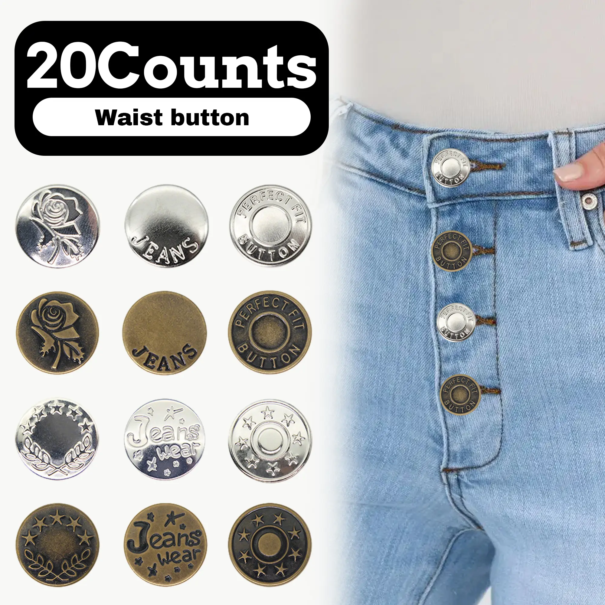 20 Counts Jeans Buttons Replacement，Adjust tight or loose pants easily with these no-sew metal buttons，Random Styles