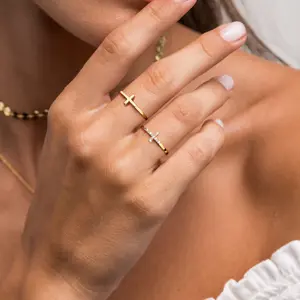 Dainty 2Pcs Cross Ring Set - Thin 14K Gold Plated Stackable Thumb Non Tarnish CZ Rings for Women Trendy Jewelry Size 6-9
