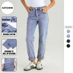 KatchMe Women's Street Mid-Rise Tapered Jeans, Cozy Fall Outfits for Daily Wear, Soft Stretchy Women's Bottom, Leisure Denim Trousers, Street Womenswear