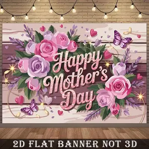 2D Flat 1pc Rustic Wood Happy Mother's Day Backdrop Banner, Rose Lavender Butterfly Glitter Photography Background, Ideal for Mother's Day Party, Family Celebration, Photo Booth Decor, Multiple Sizes Available, Party Decoration
