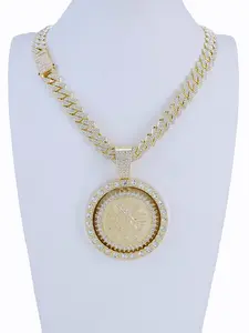 14k Rotating Chain Necklace with Mexican Coin Pattern and Cz Stone Pendant, Elegant Unisex Jewelry Gift, High End Necklace, Stainless Steel Material, Cuban Chain Pendant