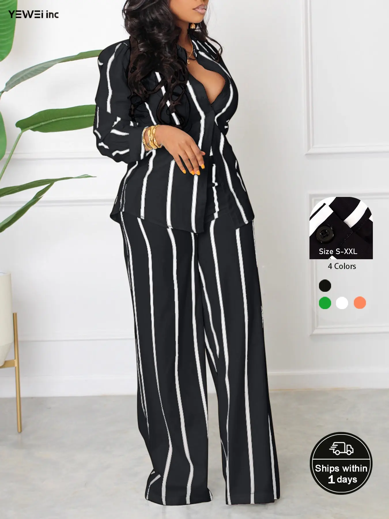 YEWEI INC European and American women's printed striped shirt suit two-piece long sleeve loose straight trousers