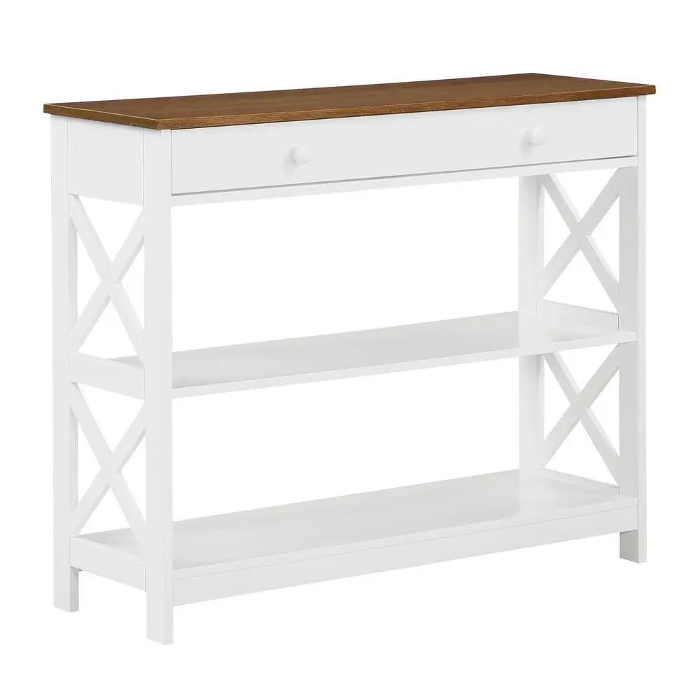 Transitional Engineered Wood Console Table - 1 Drawer with Smooth Roller Slides, 3 Shelves, Brown Indoor Furniture, Three Shelves