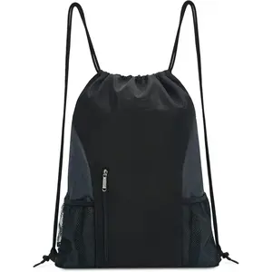 Drawstring Backpack  Gym Sackpack with Mesh Pockets Water Resistant String Bag for Women Men(Black)